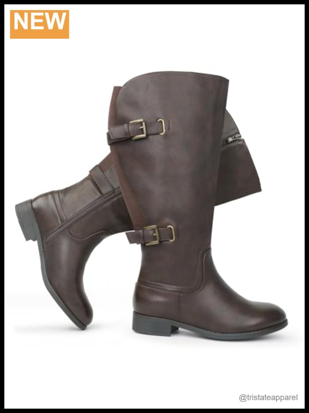 Extra Wide Calf Stretch Knee High Boots with Double Buckle Block Heel